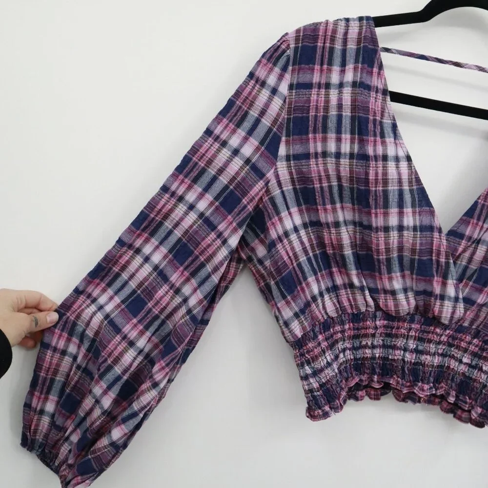 Zara Plaid Crop Top Womens S Blue Puff Sleeve Preppy Picnic Summer Resort Travel